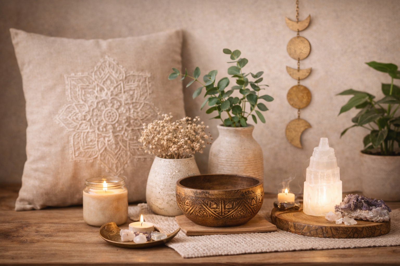 decoración artesanal sostenible para el hogar con velas cristales y objetos naturales