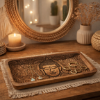 Bandeja de madera de mango larga con cara de Buda negra 30x15 cm para altar, cristales y decoración zen