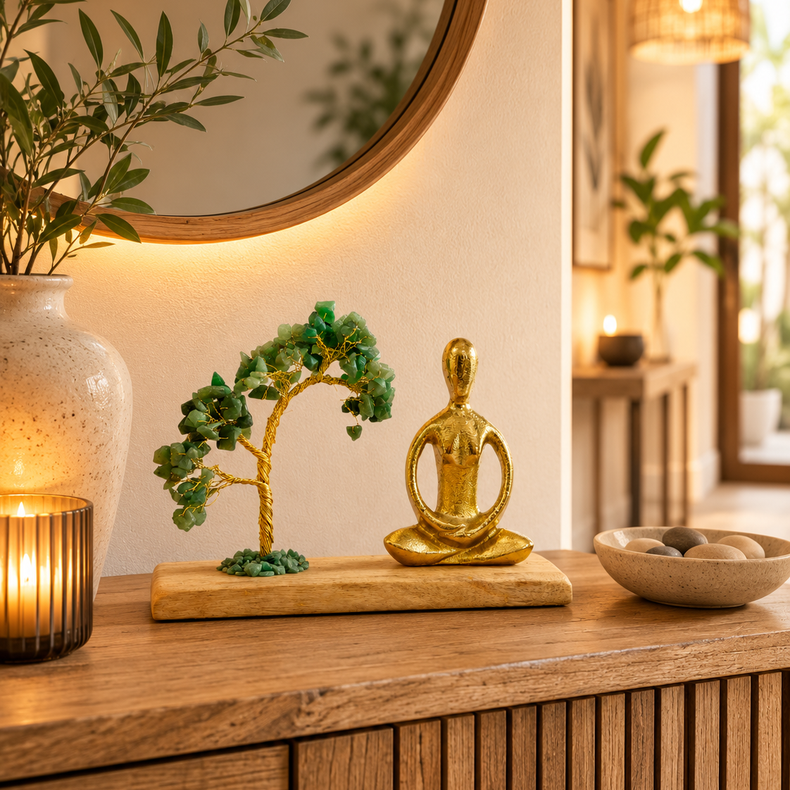 Jardín Zen de Yoga con Aventurina Verde y Árbol de la Vida Artesanal