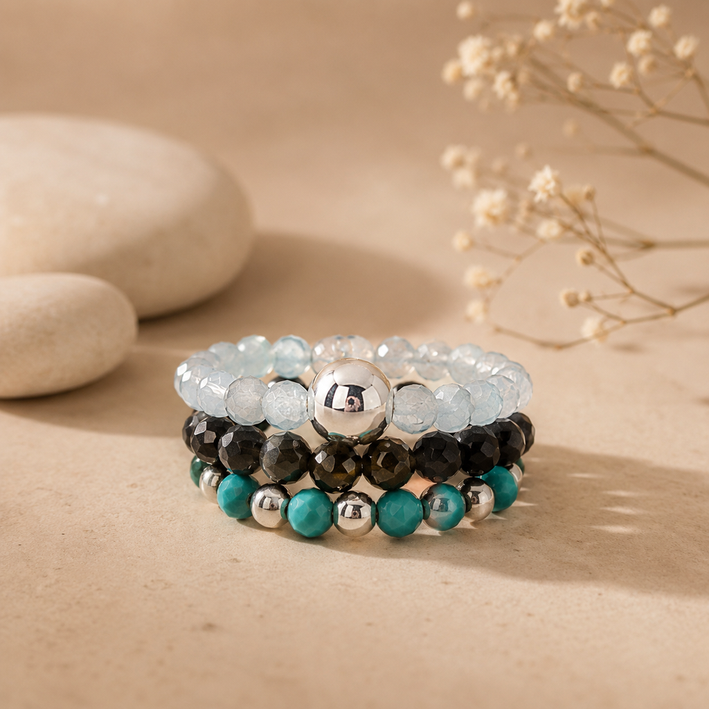 Conjunto de Anillos con Gemas Naturales Océano sin Fin