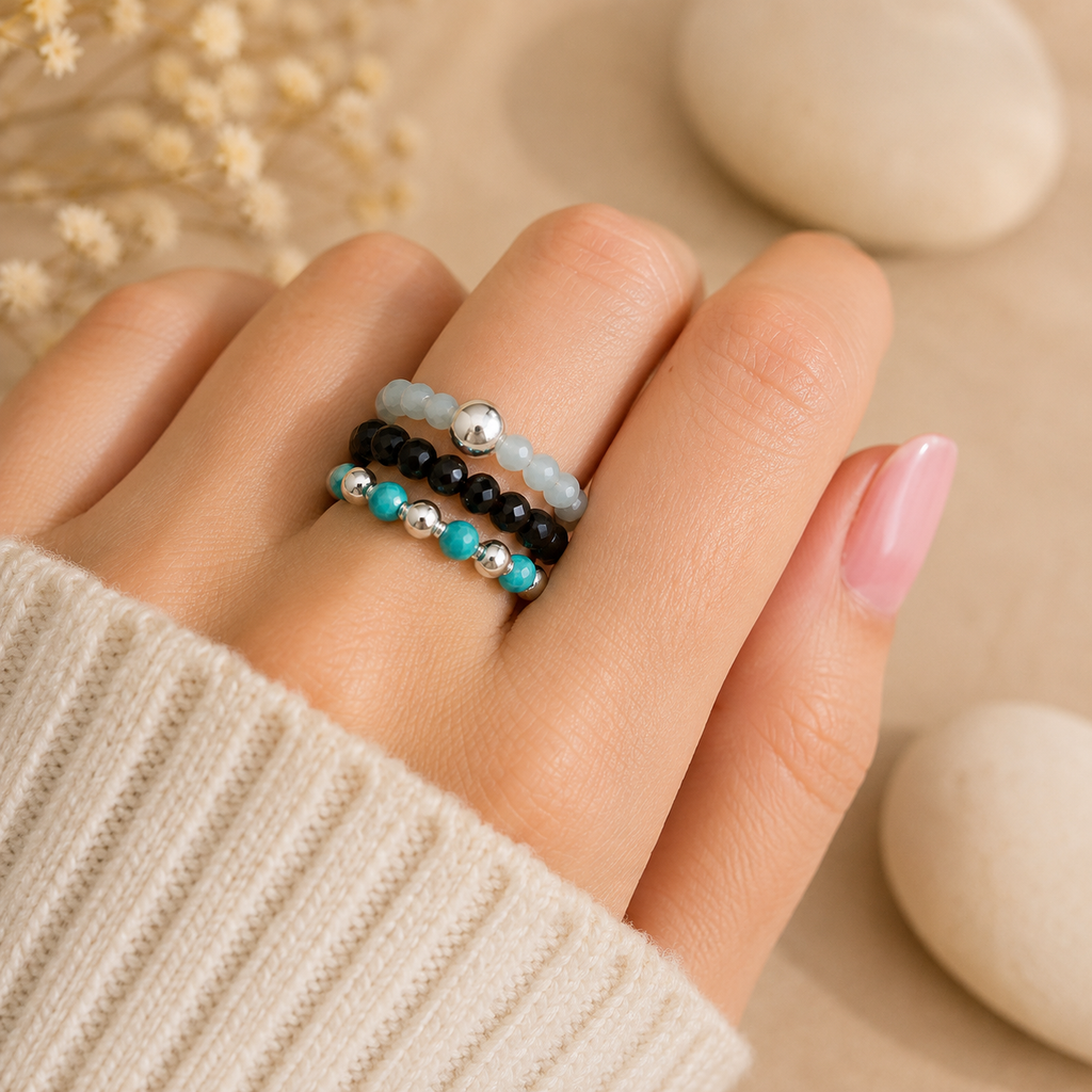 Conjunto de Anillos con Gemas Naturales Océano sin Fin