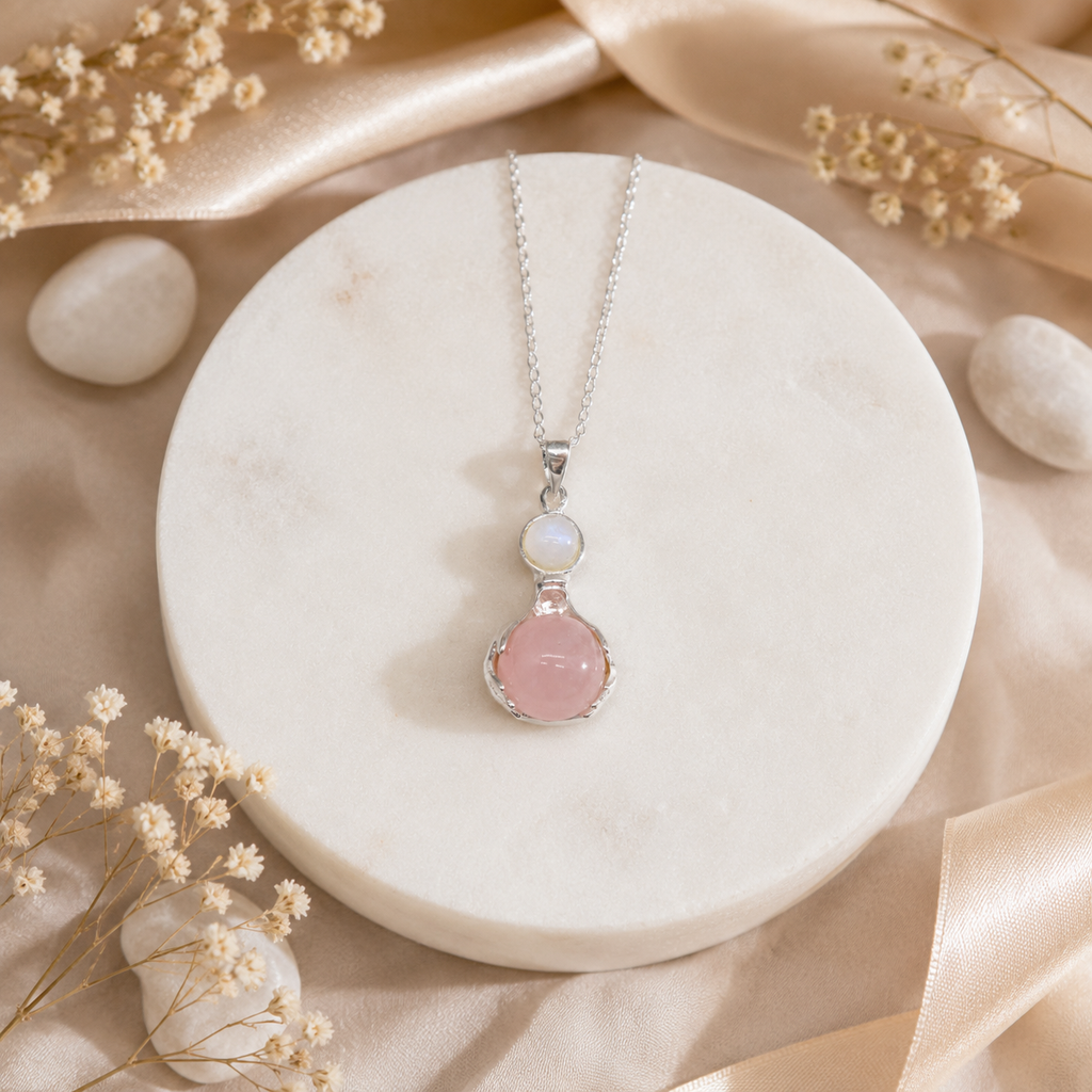 Colgante Artesanal de Cuarzo Rosa Natural con Cadena Plateada