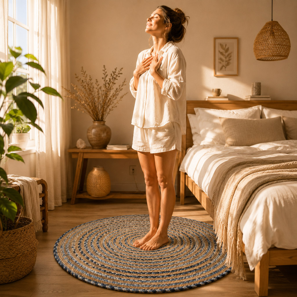 Alfombra Redonda de Yute y Denim Reciclado 90 cm | Hecha a Mano