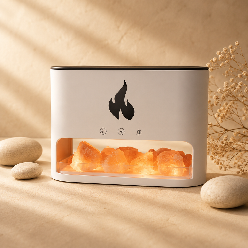 Difusor de Aroma Blaze con Efecto Llama, Cámara de Sal del Himalaya y Sal de Regalo Incluida