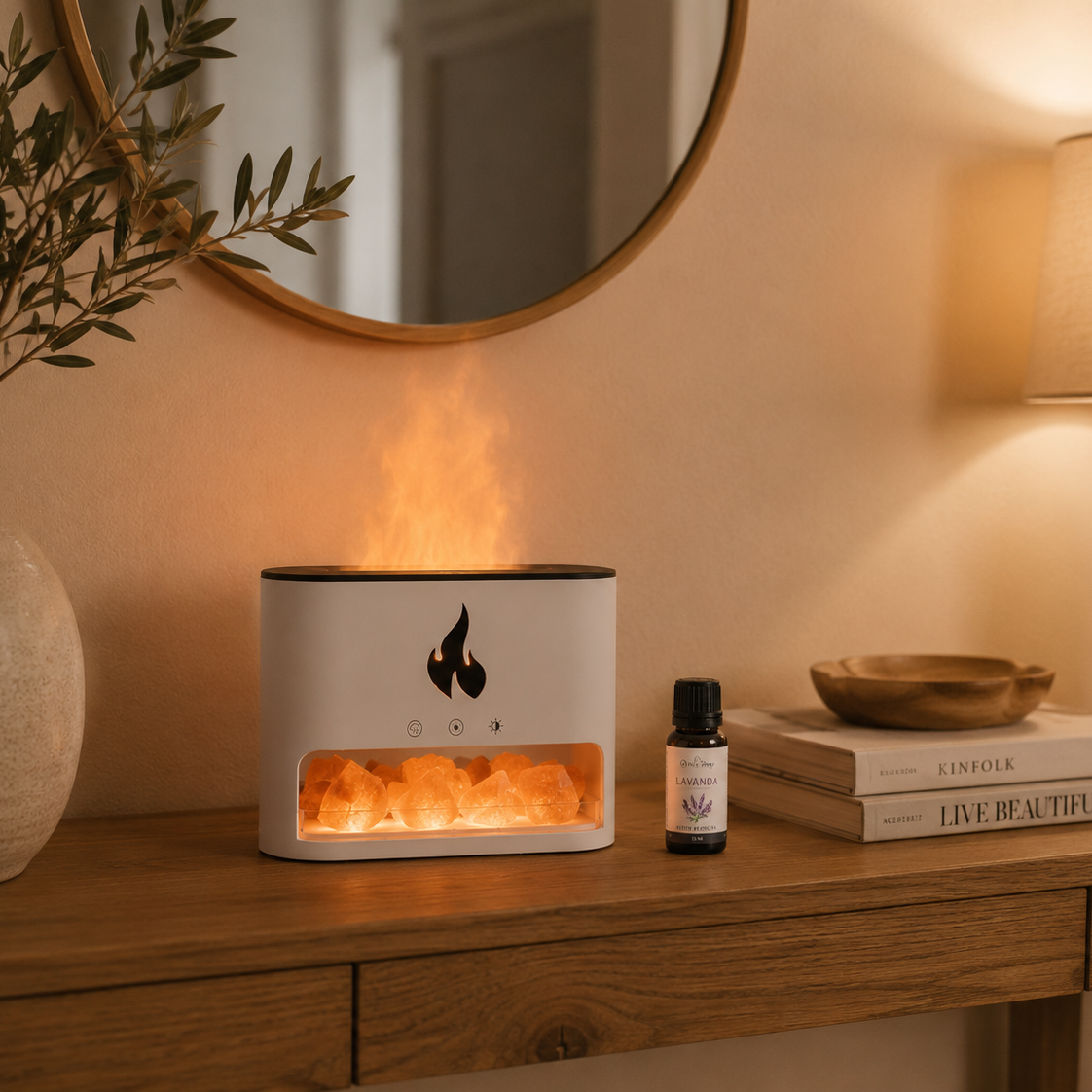 Difusor de Aroma Blaze con Efecto Llama, Cámara de Sal del Himalaya y Sal de Regalo Incluida