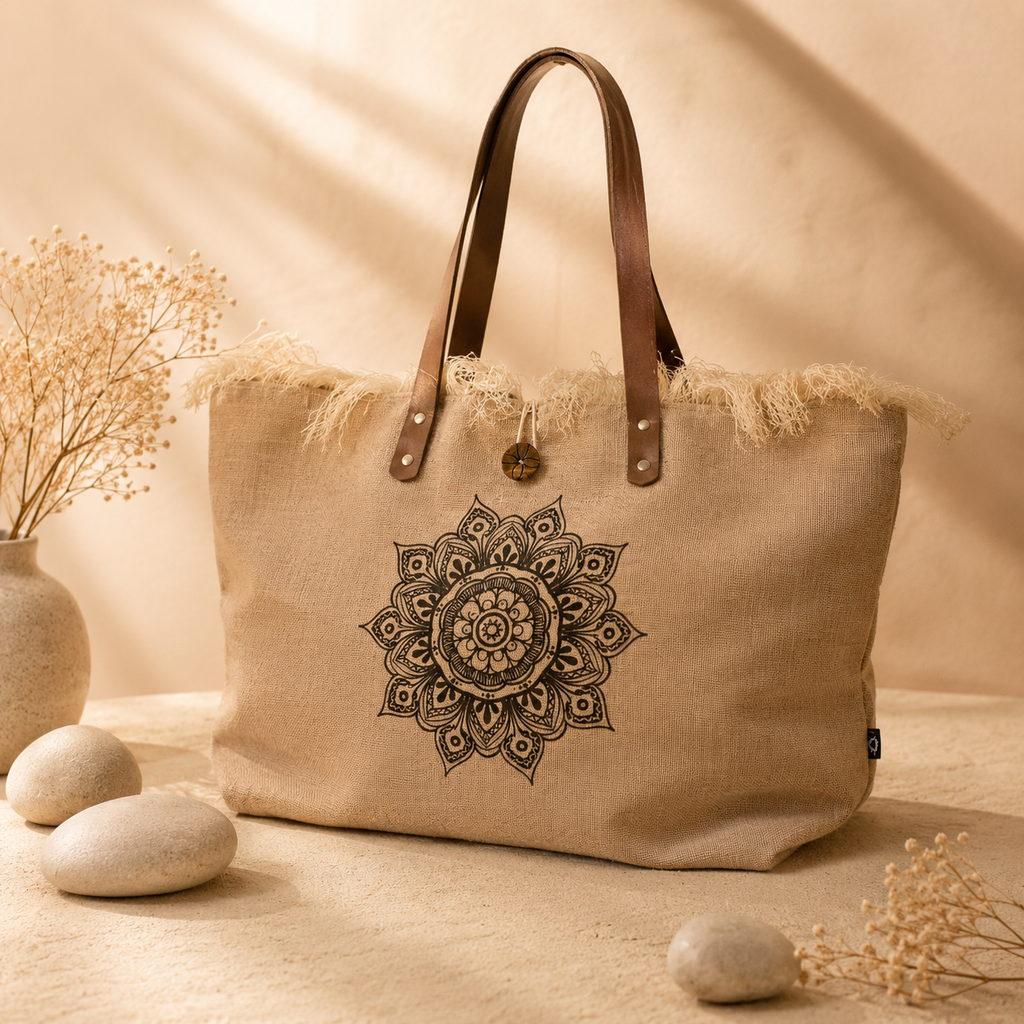 Bolso Natural de Yute con Asas de Piel y Flor de la Vida | Artesanal