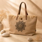 Bolso Natural de Yute con Asas de Piel y Flor de la Vida | Artesanal