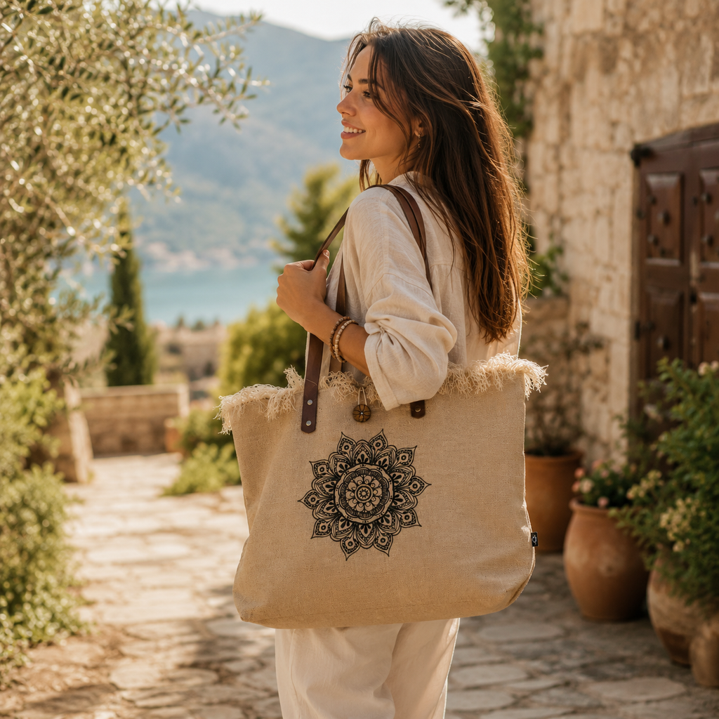 Bolso Natural de Yute con Asas de Piel y Flor de la Vida | Artesanal