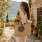 Bolso Natural de Yute con Asas de Piel y Flor de la Vida | Artesanal