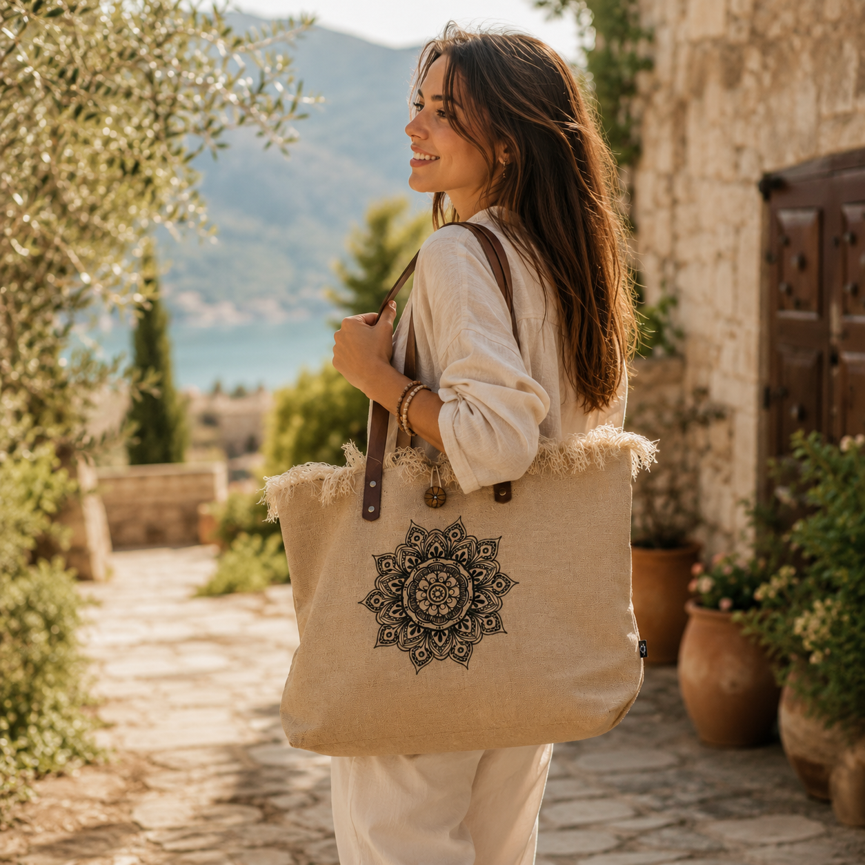 Bolso Natural de Yute con Asas de Piel y Flor de la Vida | Artesanal