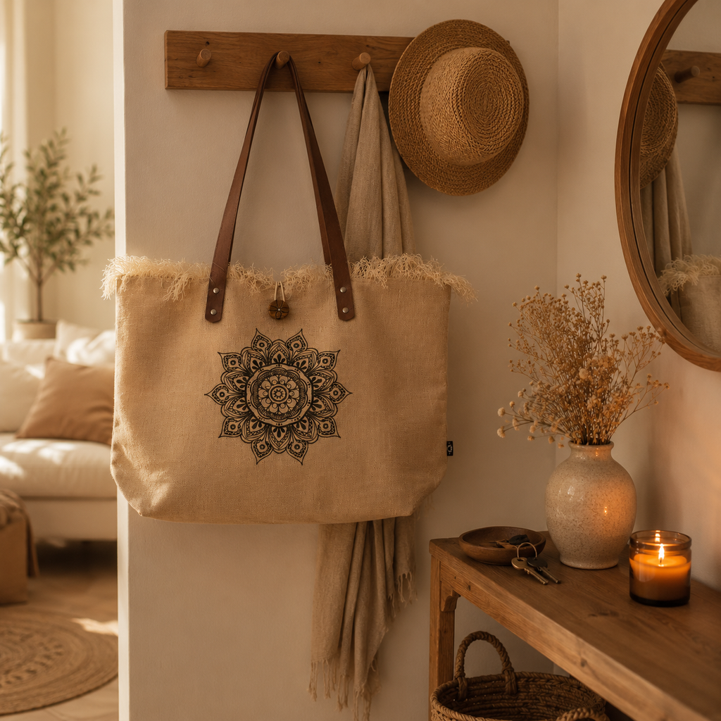 Bolso Natural de Yute con Asas de Piel y Flor de la Vida | Artesanal