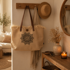 Bolso Natural de Yute con Asas de Piel y Flor de la Vida | Artesanal