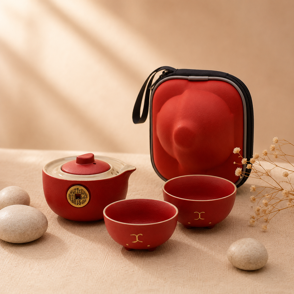 Set de Tetera Gato de la Suerte Rojo con 2 Tazas y Estuche de Viaje