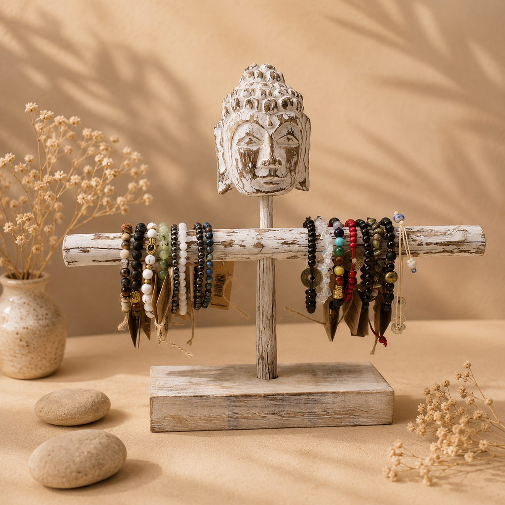 Soporte para Pulseras de Madera con Cabeza de Buda Blanqueada Artesanal
