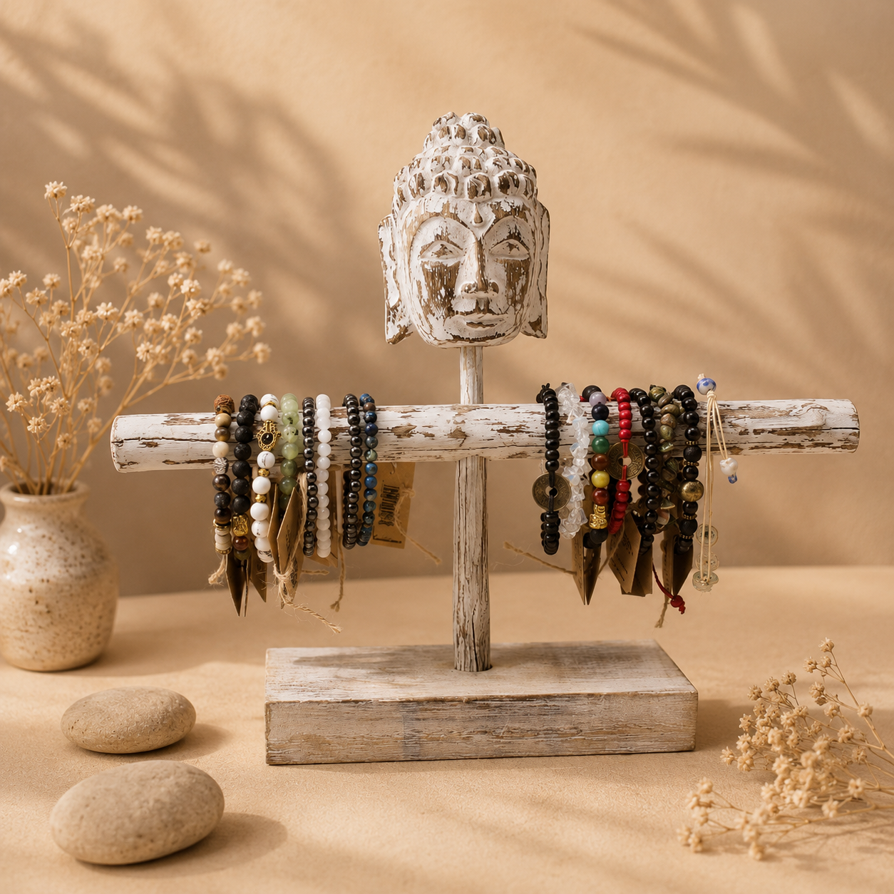 Soporte para Pulseras de Madera con Cabeza de Buda Blanqueada Artesanal