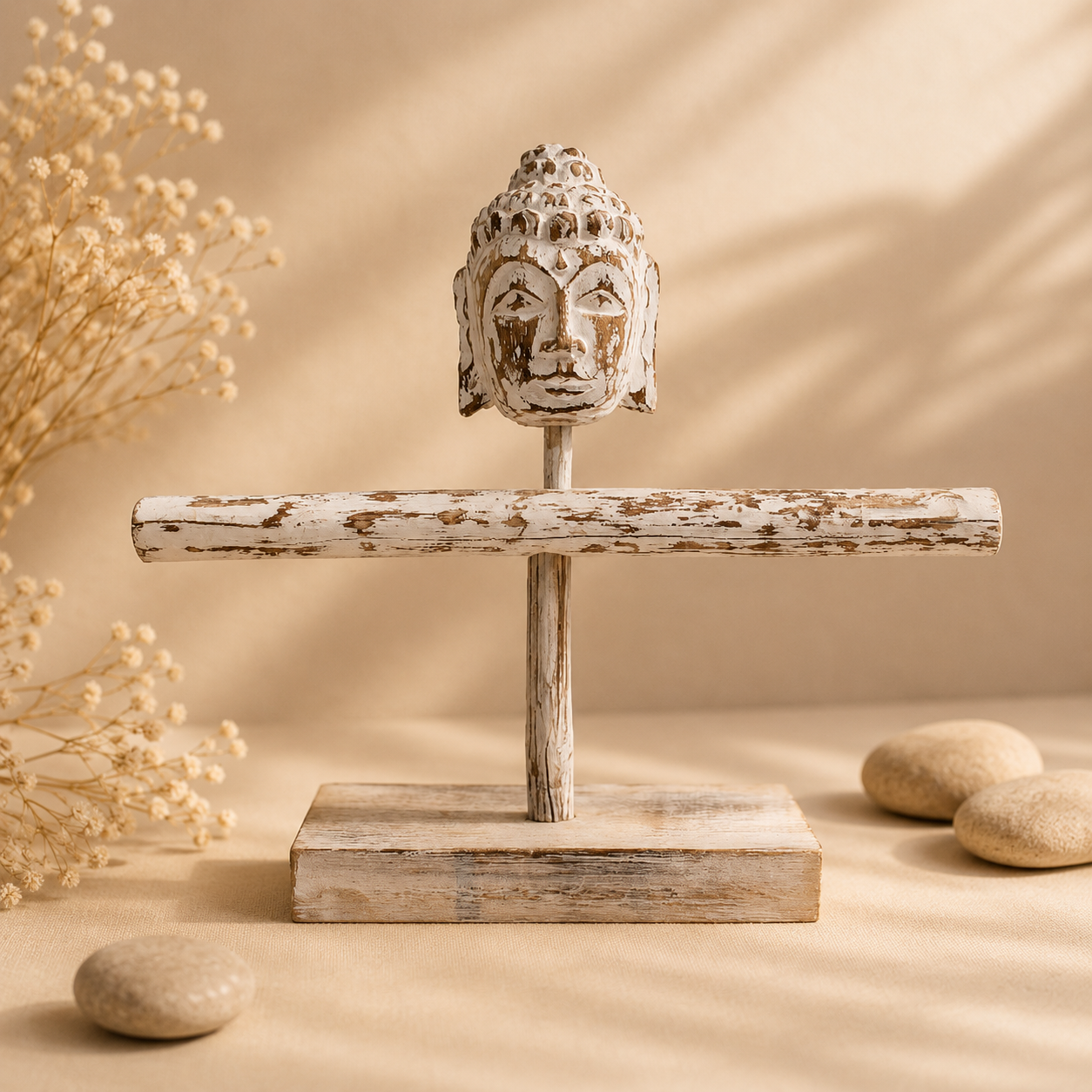 Soporte para Pulseras de Madera con Cabeza de Buda Blanqueada Artesanal