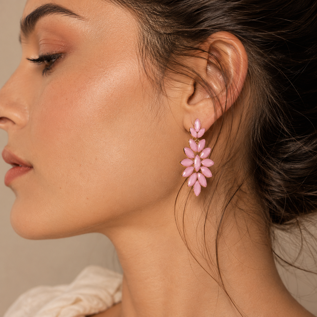 Pendientes Largos de Cristal Rosa Vintage | Acero Inoxidable