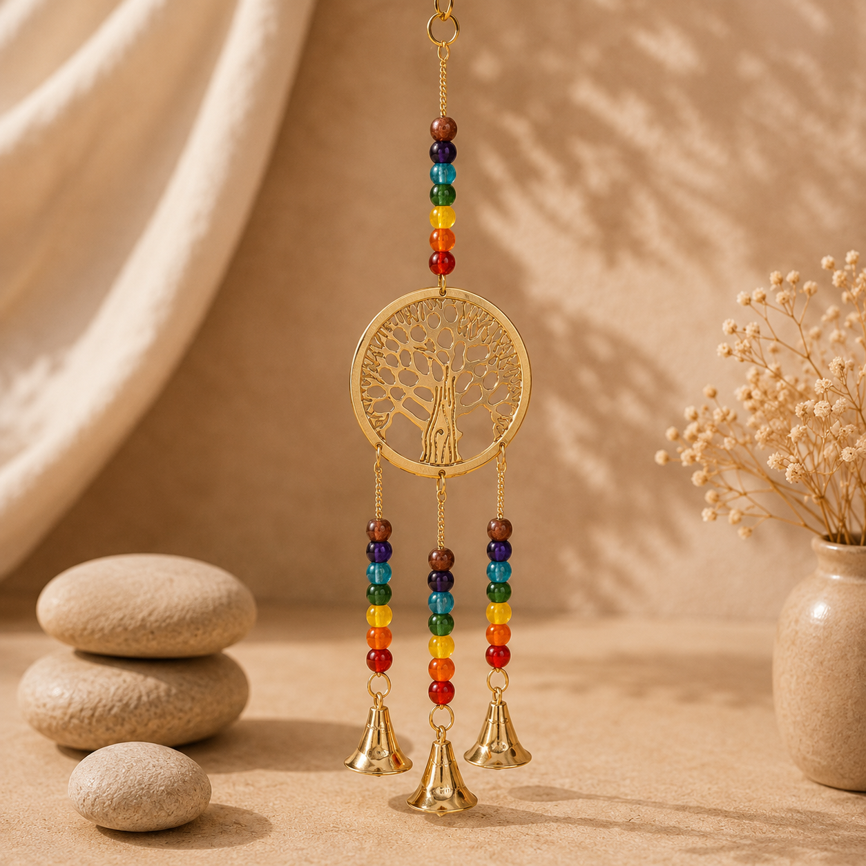 Campana de Viento Árbol de la Vida con Cuentas de Chakras y 3 Campanas de Latón
