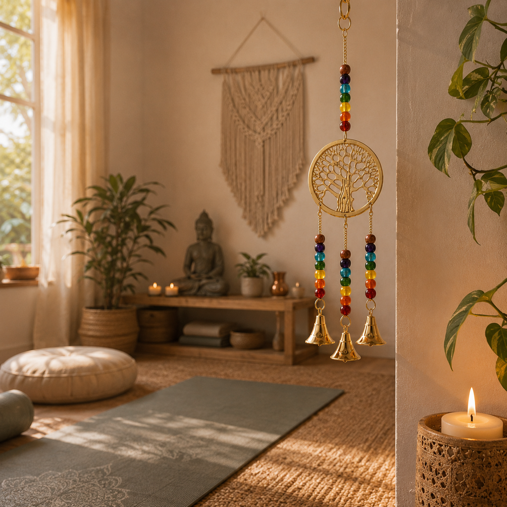 Campana de Viento Árbol de la Vida con Cuentas de Chakras y 3 Campanas de Latón