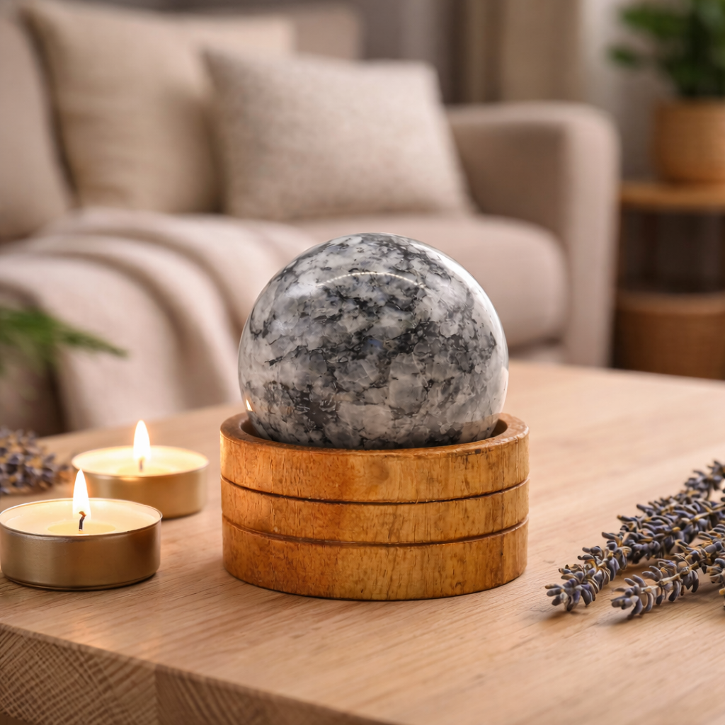 Esfera de Piedra Luna India con base de madera 50 mm para decoración zen y meditación