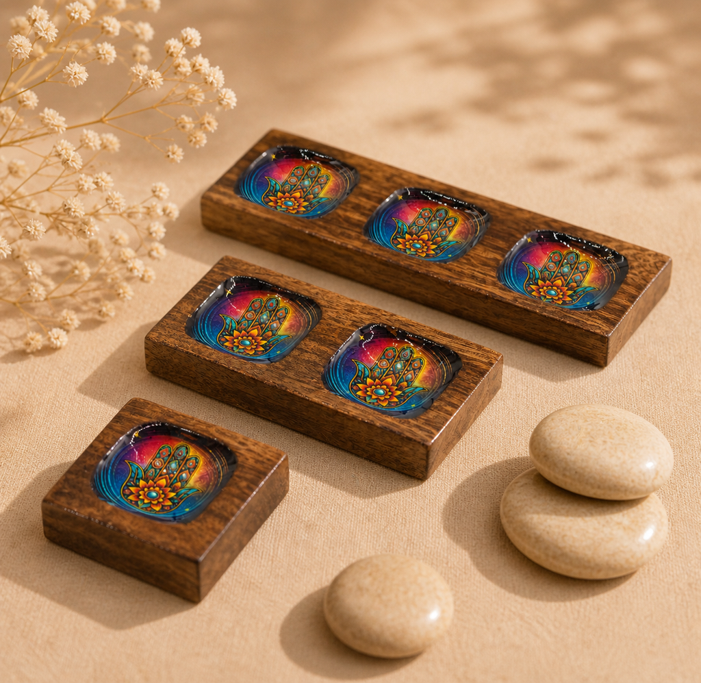 Bandejas de Madera Mango Hamsa Hechas a Mano Decoración Espiritual y Natural