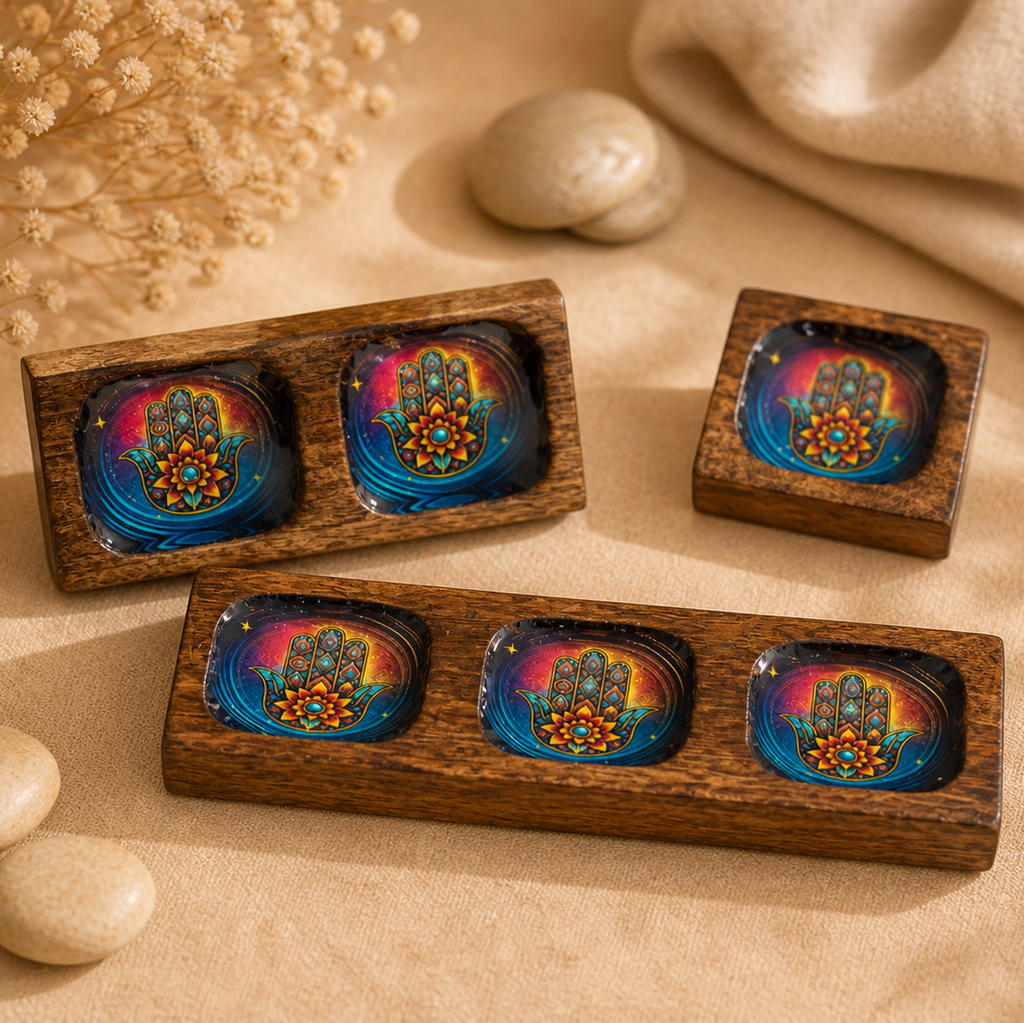 Bandejas de Madera Mango Hamsa Hechas a Mano Decoración Espiritual y Natural