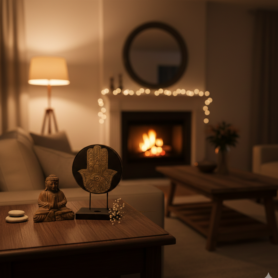 Set Feng Shui Buda y Hamsa gris de madera sostenible