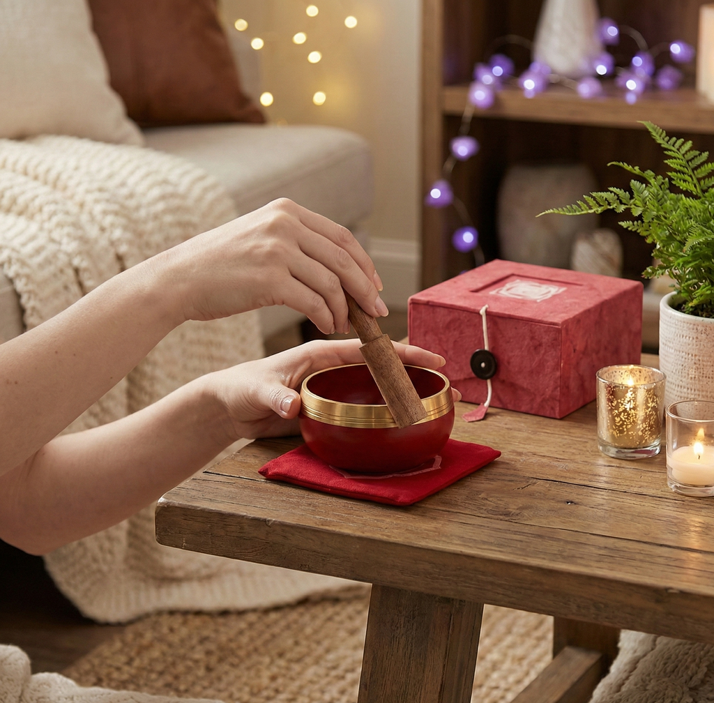 Cuenco tibetano Chakra El Centro de latón con mazo