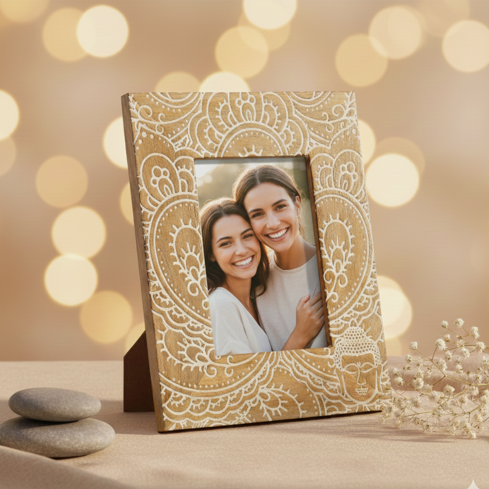 Marco de fotos Buda blanco de madera de mango 13x18 cm decoración zen y regalo especial