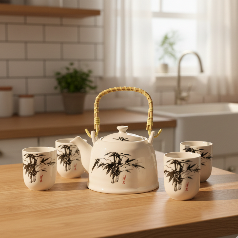 Set de tetera oriental de cerámica Piedra Azul con 6 tazas