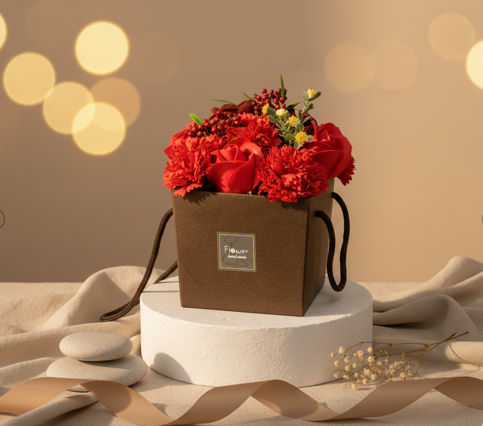 Ramo de flores de jabón rosas rojas y clavel en caja regalo para baño romántico