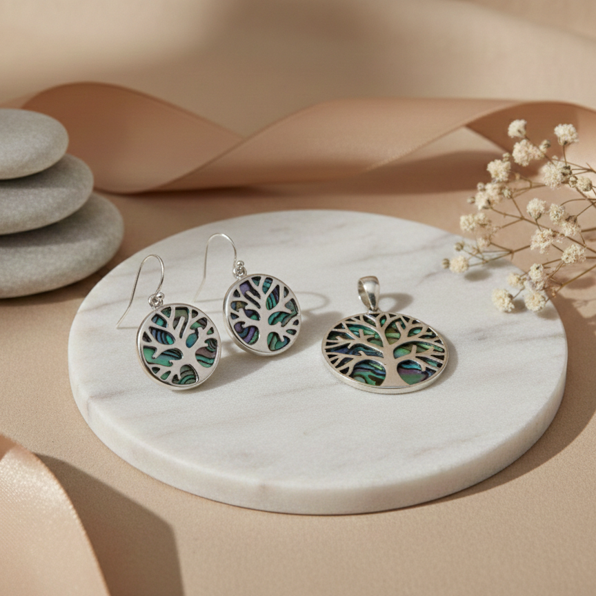 Pendientes de plata Árbol de la Vida con abulón 15 mm