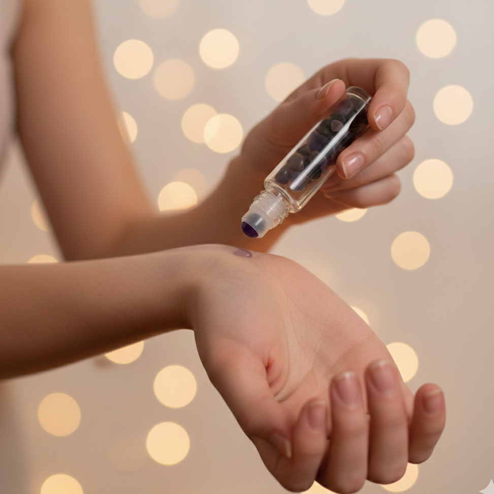 Botella roll on de cristal con gemas de amatista para aceites esenciales – tapa plateada