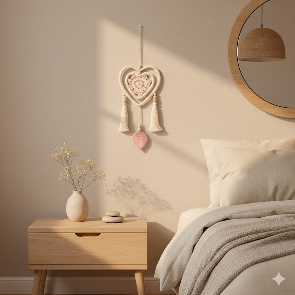 Atrapasueños corazón rosa mediano hecho a mano en Bali