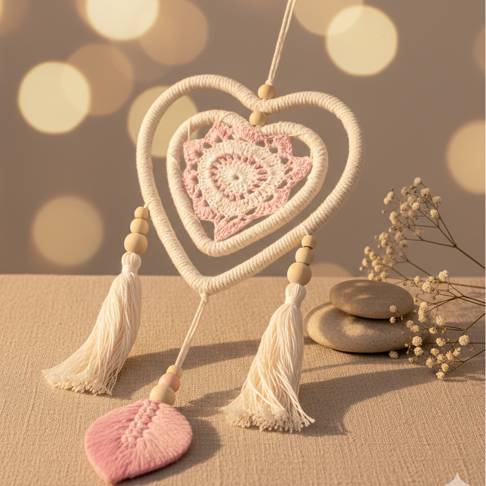 Atrapasueños corazón rosa mediano hecho a mano en Bali