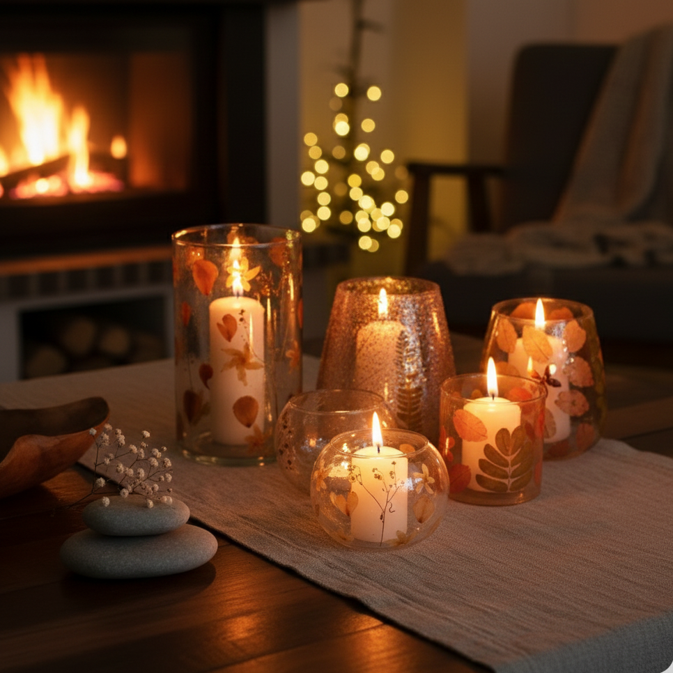 Portavelas de vidrio reciclado con flores naturales