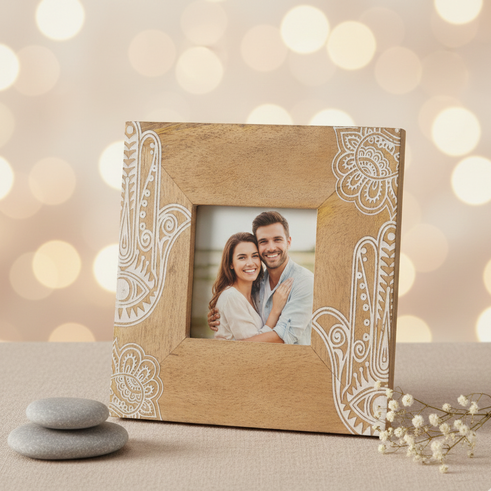 Marco pequeño Hamsa blanco de madera de mango 10x10 cm decoración protectora y zen