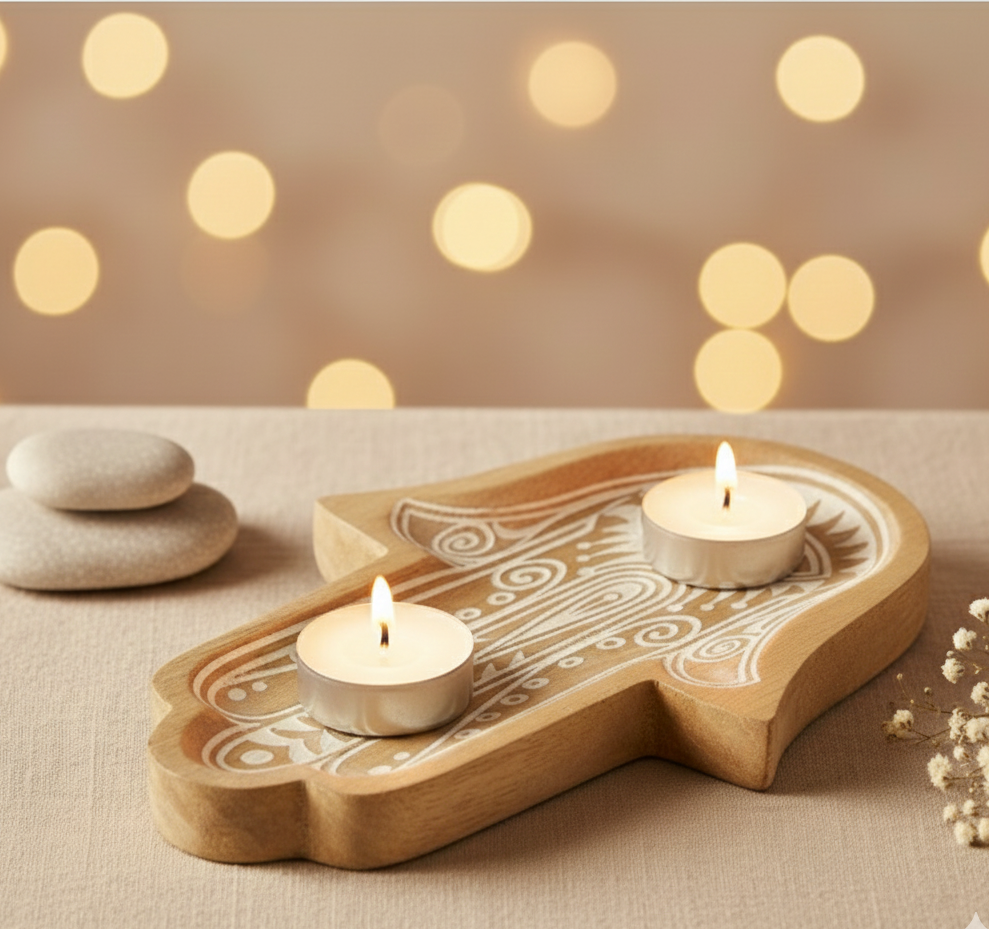 Bandeja Hamsa blanca de madera de mango 30x20 cm para joyas, cristales y altar boho