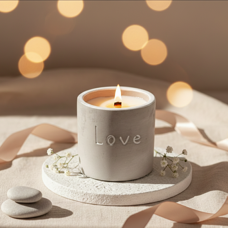 Vela Love de soja en maceta de hormigón con mecha de madera aroma higo morado y casis