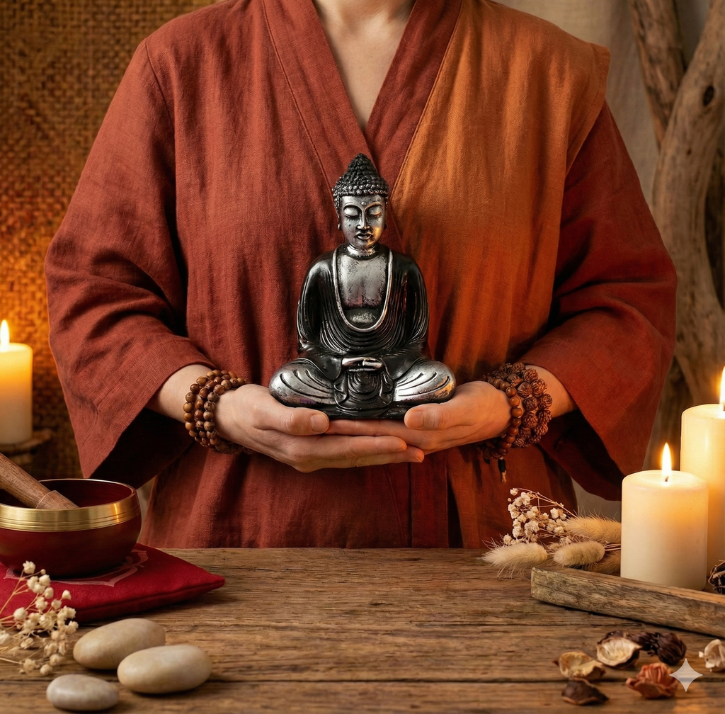 Figura de Buda gris y negro mediana de resina pintada a mano en Bali para decoración zen