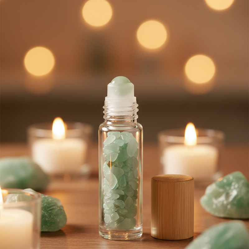 Botella roll on con piedras preciosas Aventurina tapa de madera 10 ml