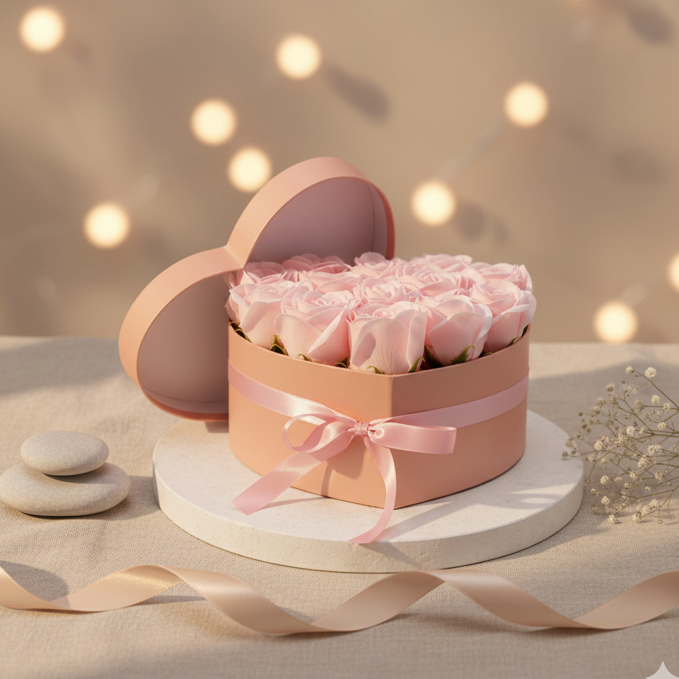 Caja corazón con 13 rosas de jabón rosa para baño relajante y regalo especial