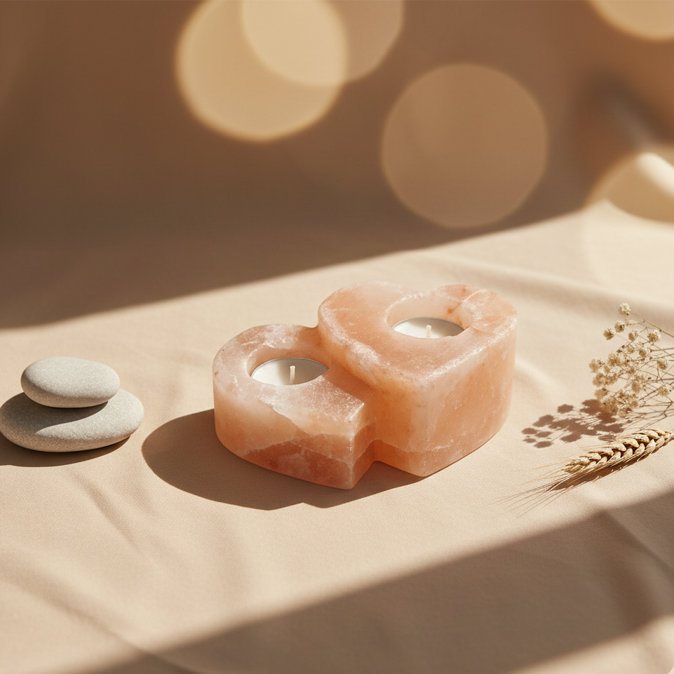 Portavelas de sal rosa doble corazón 1 kg para regalo y rincón de calma