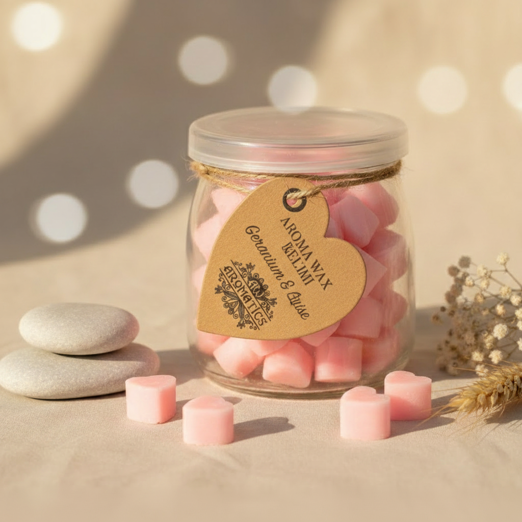 Tabletas de cera aromáticas en corazones de soja geranio y anís en frasco de vidrio