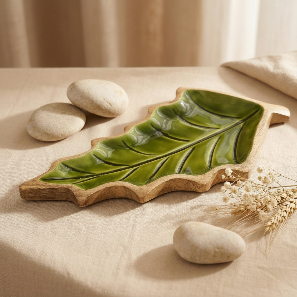 Tazón de madera de mango en forma de hoja verde para decoración de mesa