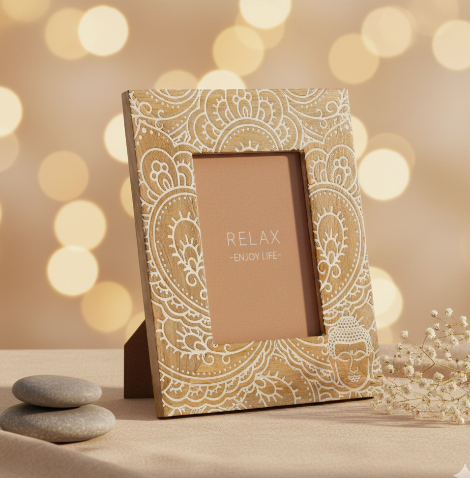 Marco de fotos Buda blanco de madera de mango 13x18 cm decoración zen y regalo especial