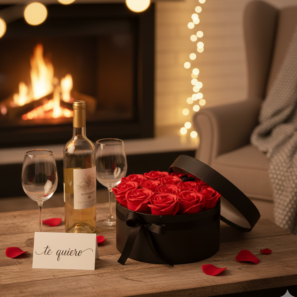 Caja redonda negra con 14 rosas de jabón rojas para baño romántico y regalo elegante