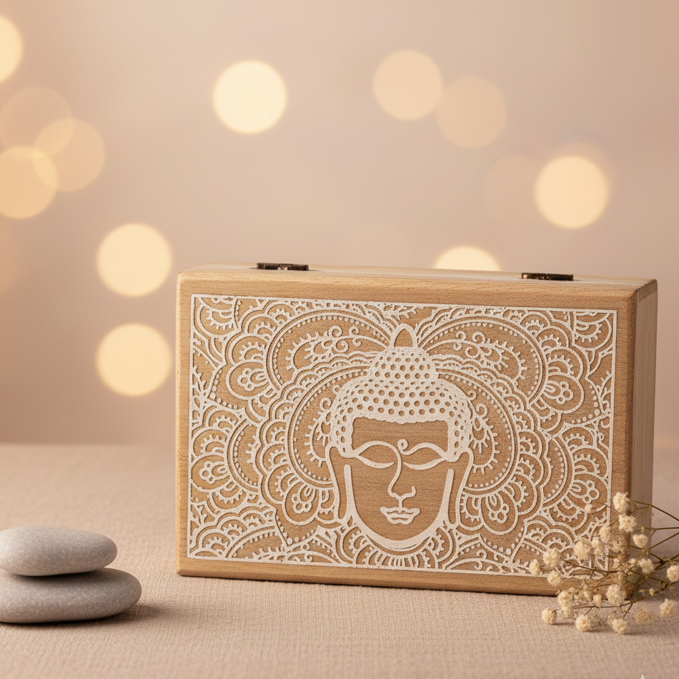 Caja de madera de mango Buda blanco grande para joyas y cristales