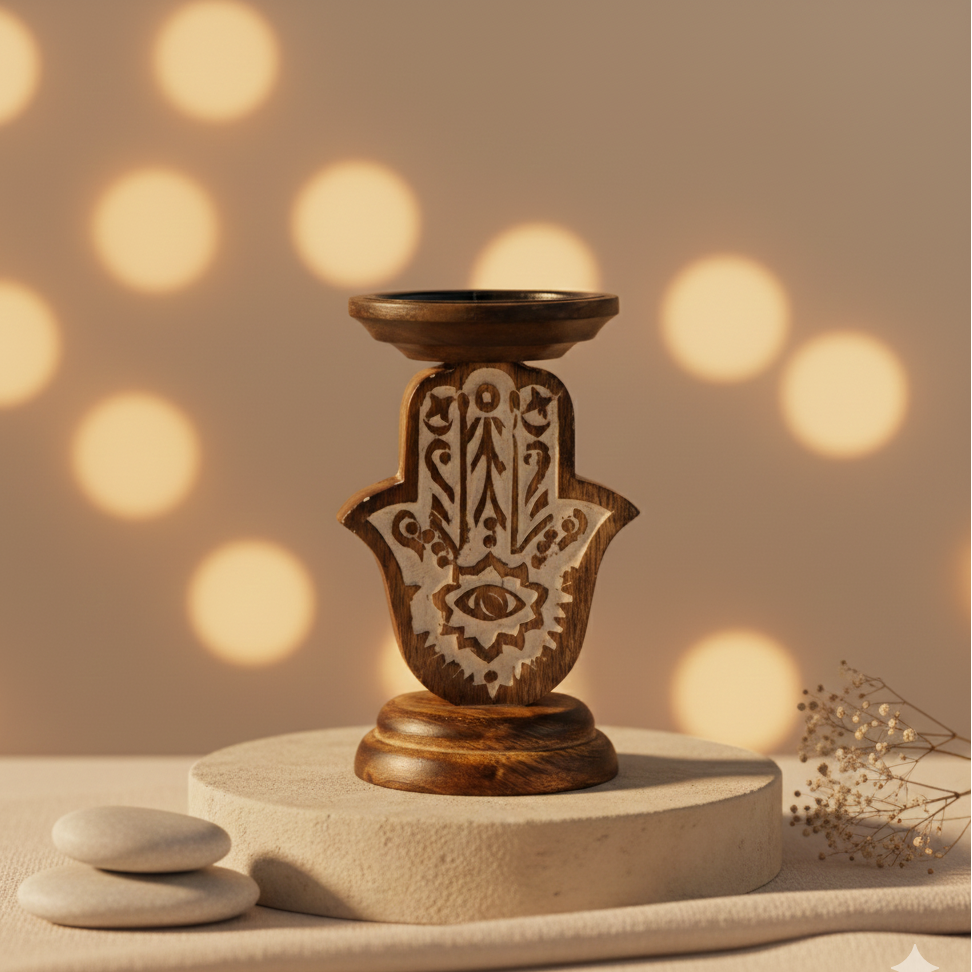 Candelabro Hamsa de madera de mango 18 cm para velas y altares de protección