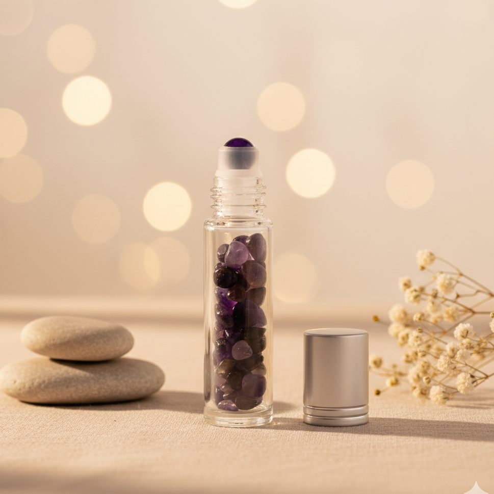 Botella roll on de cristal con gemas de amatista para aceites esenciales – tapa plateada